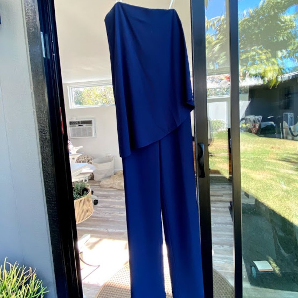 Halston Navy Draped Wide Leg Jumpsuit